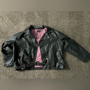 Black  Faux Leather Jacket with Pink Lining